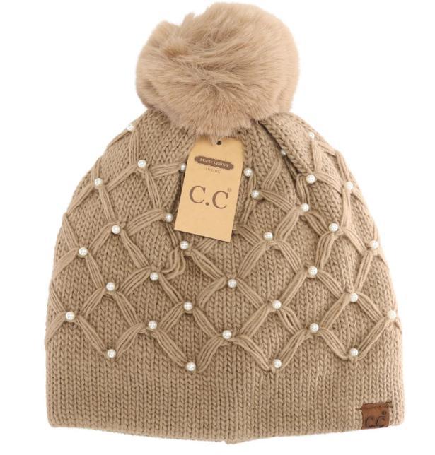 Allover Pearl Crochet C.C Faux Fur Pom Beanie