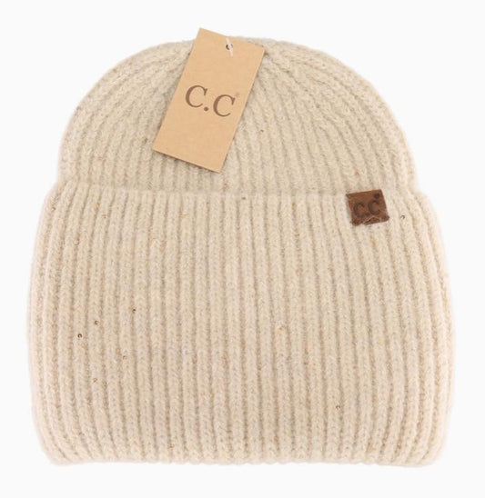 Wide Cuff Metallic Sequin C.C Beanie (Beige)