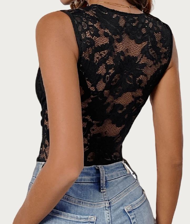 Catch Up Soft Floral Lace Sheer Sleeveless Bodysuit (Black)