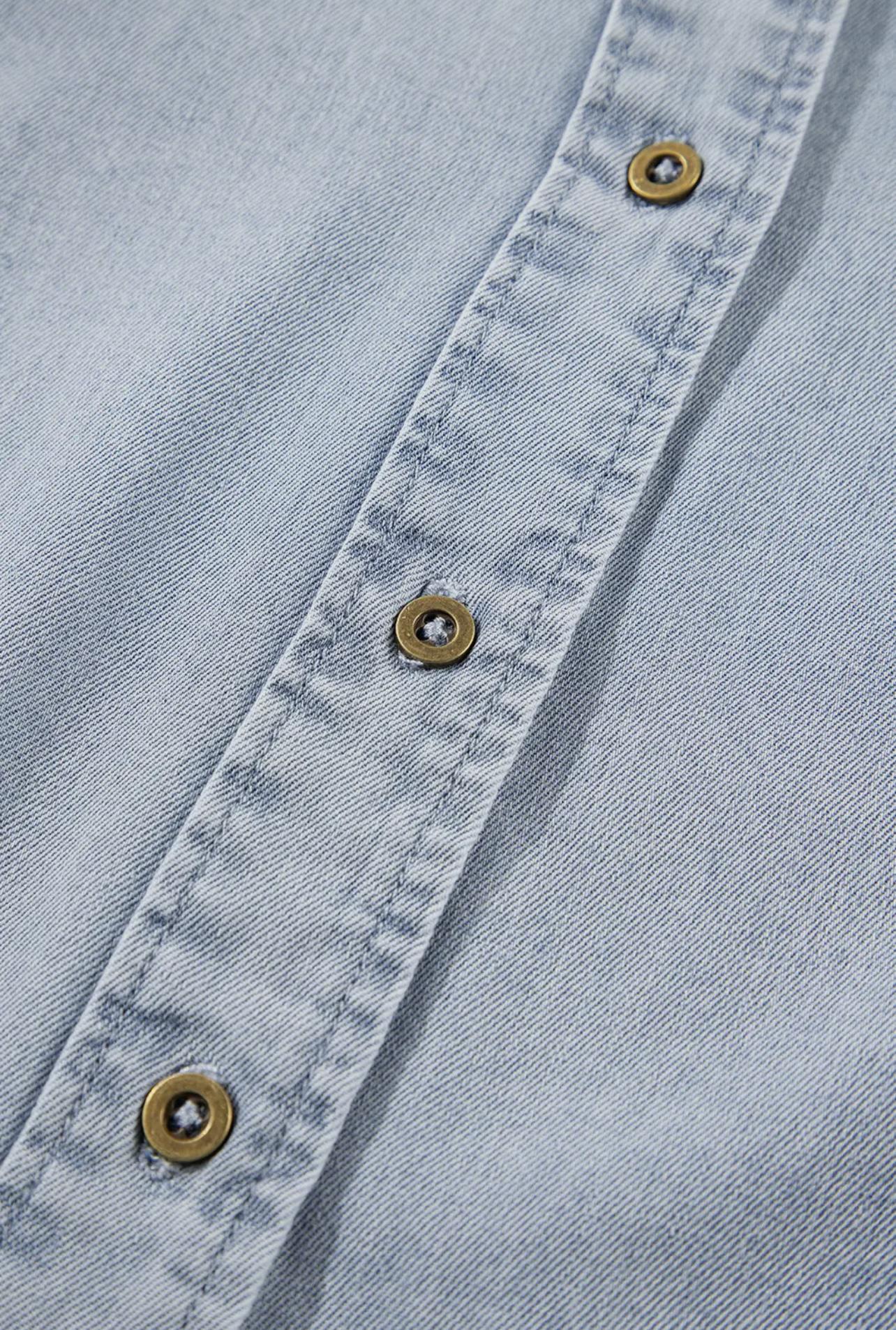 Ruffle Short Puff Sleeve Chambray Denim Shirt