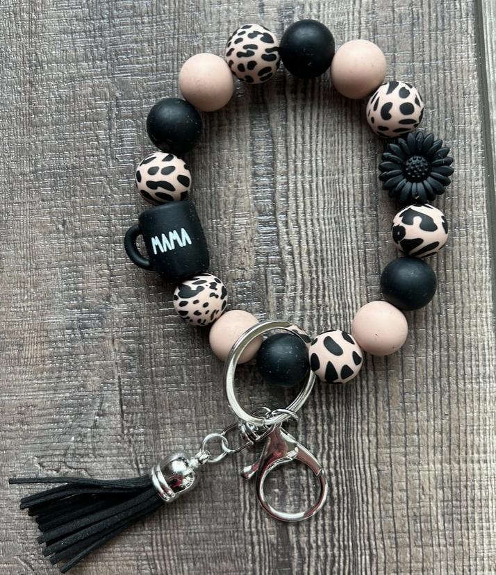 Mama Coffee Mug Black Daisy Leopard Wristlet Keychain