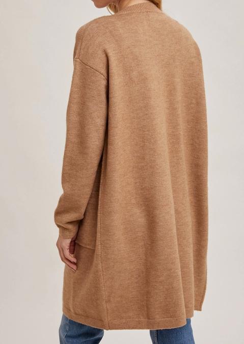 Button Down V-Neck Long Line Knit Cardigan (Latte)