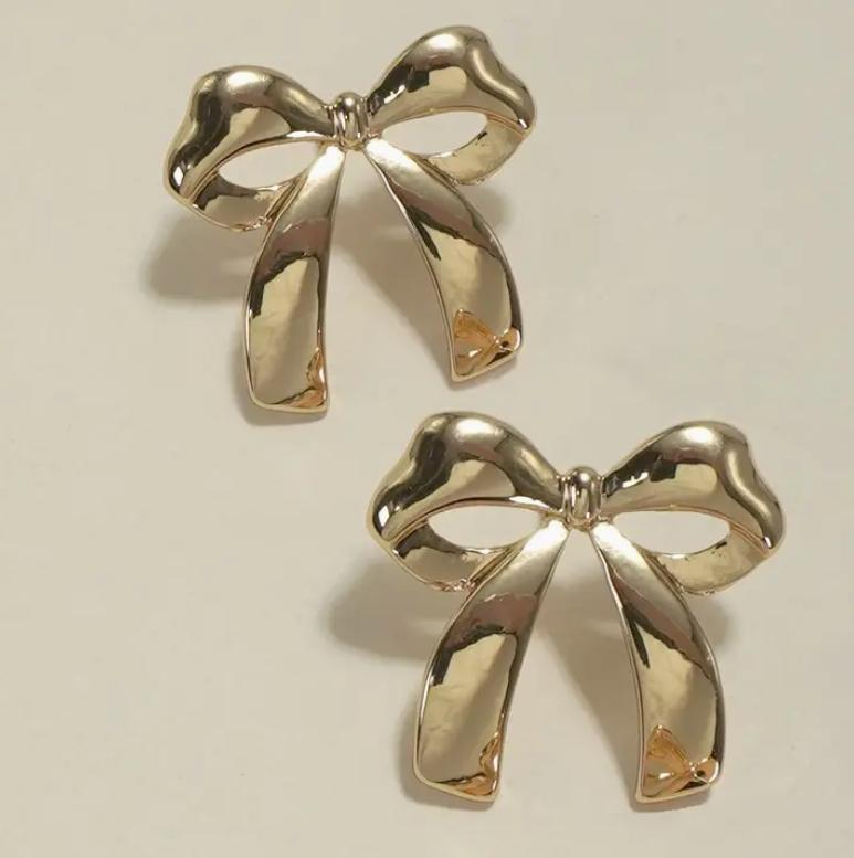 Full Size Shiny Gold Bow Stud Earrings