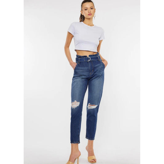 KanCan Blossom Ultra High Rise Belted Mom Jeans (Dark Wash)