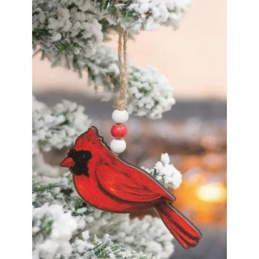 Wooden Cardinal Christmas Ornament W/Beaded Jute Hanger