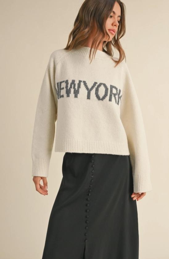 New York Letter Front Sweater Top (Cream)