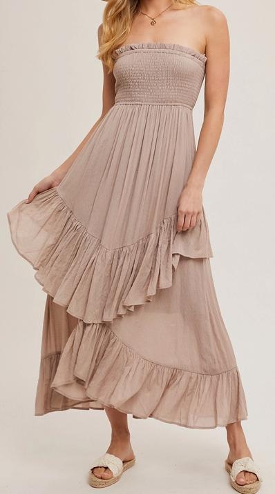 Smocked Strapless Tiered Ruffle Midi Dress- Birch