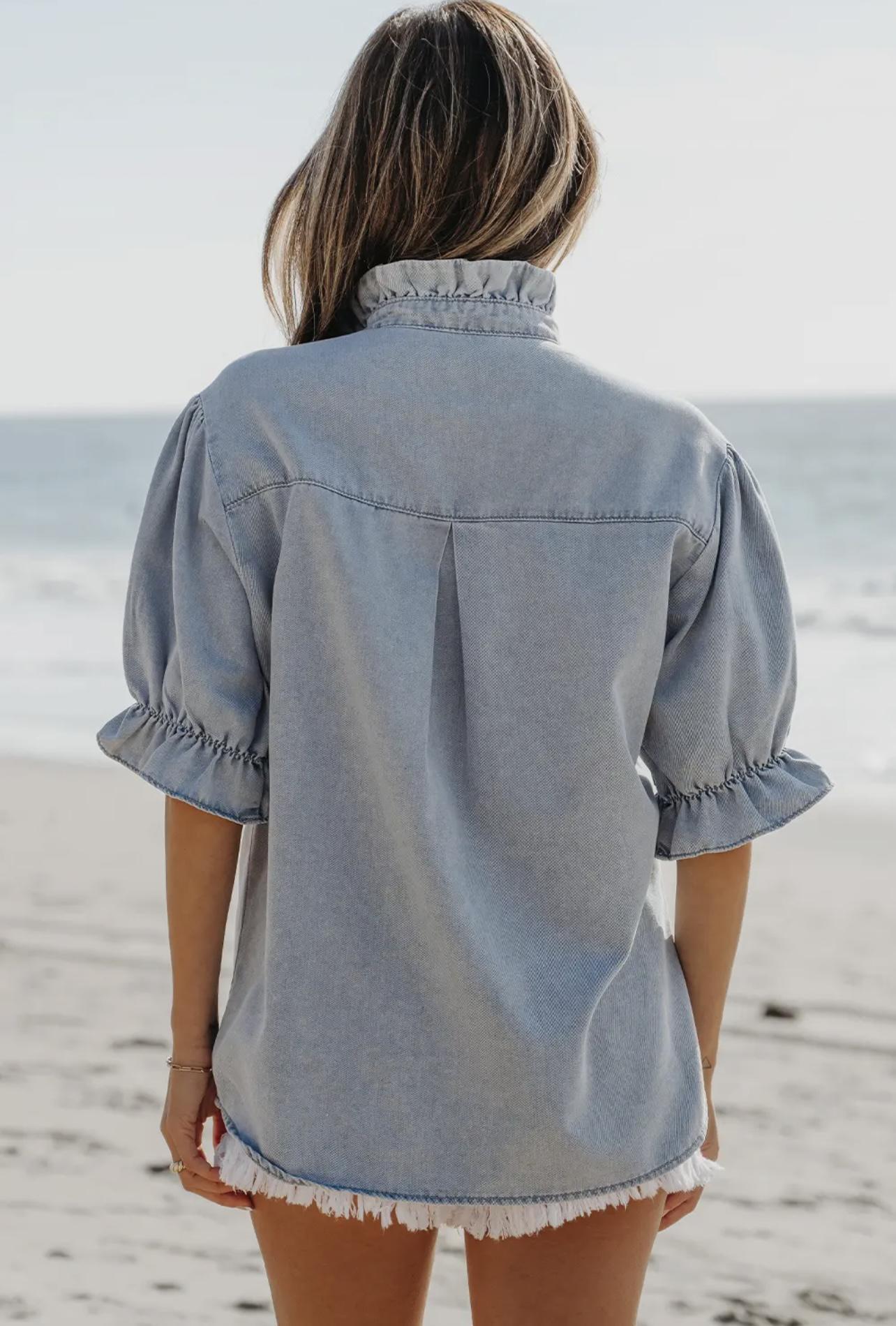 Ruffle Short Puff Sleeve Chambray Denim Shirt