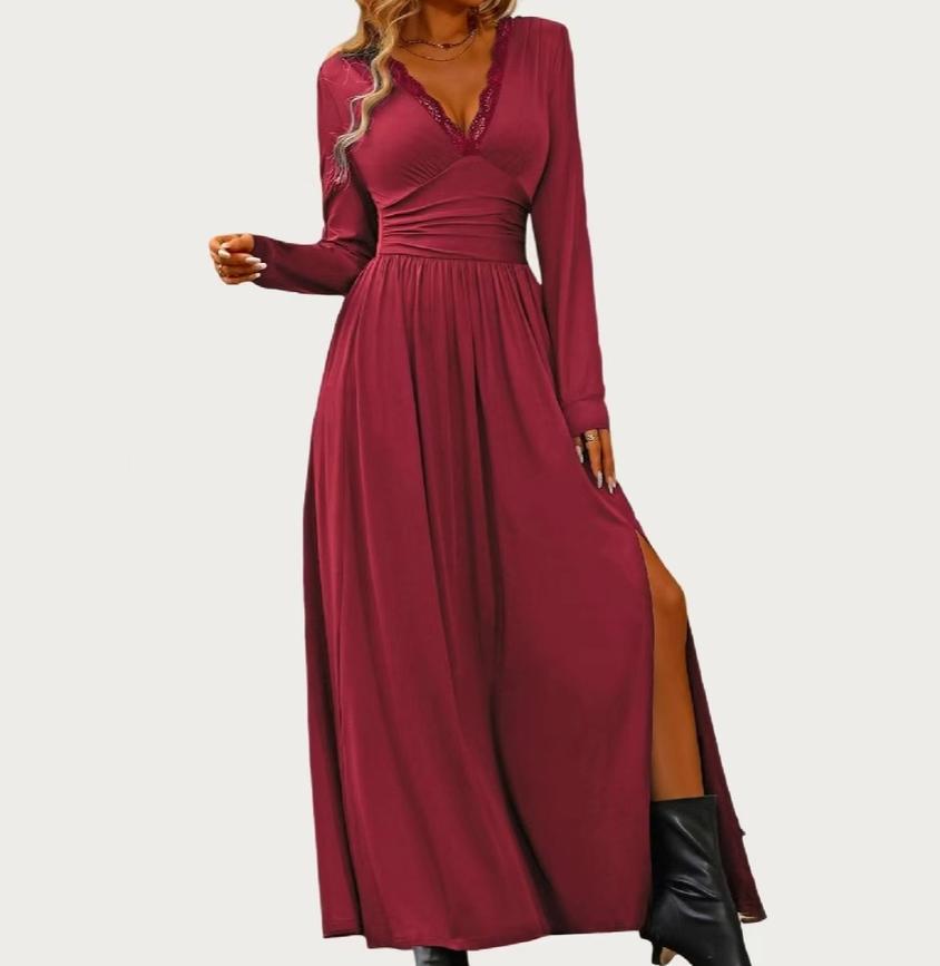 Solid Soft Stretchy Plunging Neck Long Sleeve Maxi Dress (Dark Red)