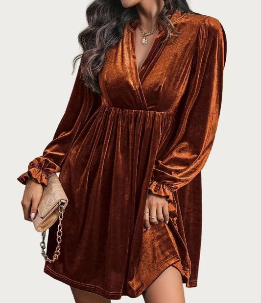 Charming Cutie Velvet Surplice Neck Relax Fit Mini Dress (Brown Orange)