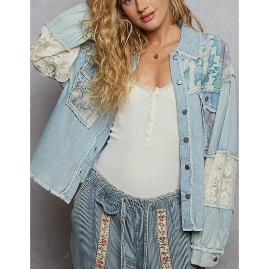 Woven Mixed Denim Shacket (Denim)