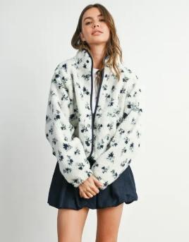 Floral Print Fluffy Fleece Jacket (Ivory/Navy)