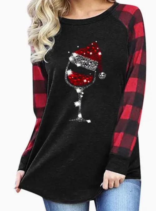 Women's Christmas Hat Red Wine Glass Long Sleeve T-Shirt