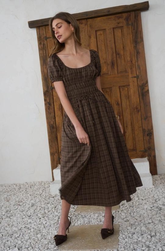 Plaid Shirred Puff Sleeve Front Tie Midi Dress (Mocha Multi)