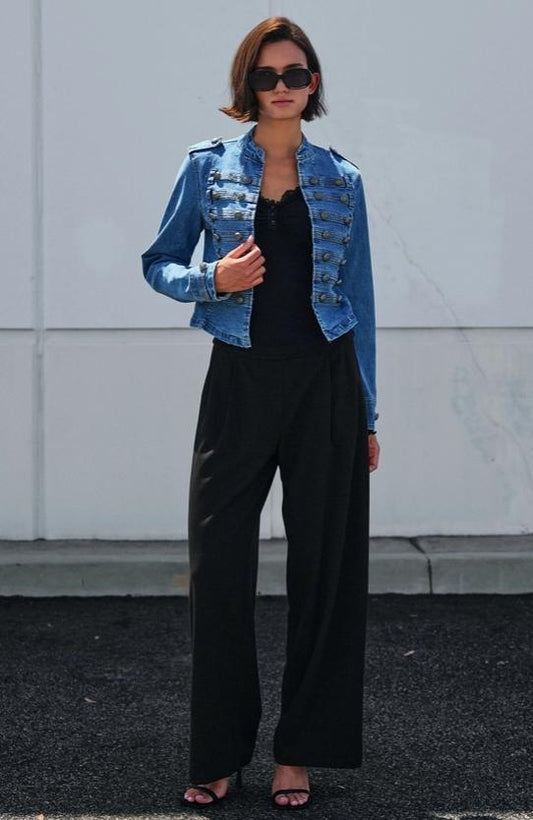 Military Double-Button Denim Jean Jacket (Blue)