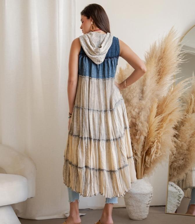 Boho Sleeveless Maxi Button-Front Duster with Hood (Latte)