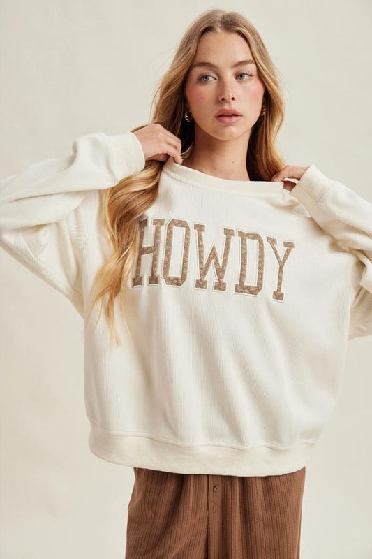 Western 'howdy' Floral Graphic Cozy Sweatshirt (Off White/Mocha)