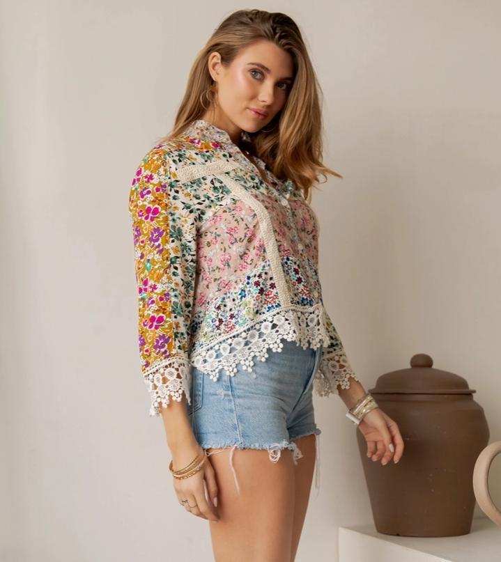 Earthy Boho Button Down Cropped Shirt (Natural)