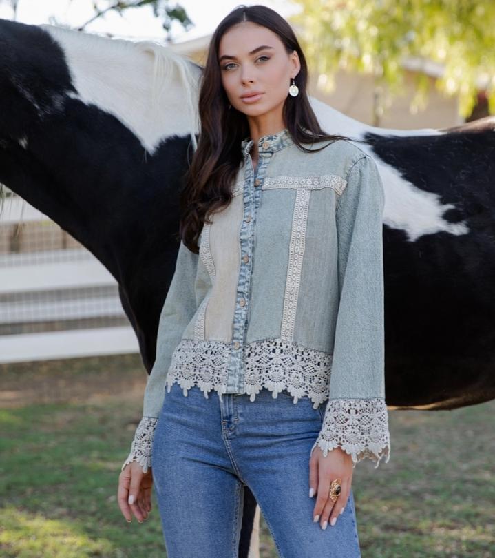 Boho Western Lace Trim Denim Button-Down Front Top (Latte)