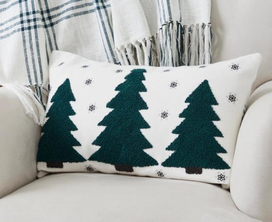 Pine Grove Plaid Embroidered Trees Pillow