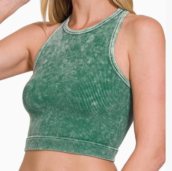 High-Neck Racerback Washed Ribbed Crop Tank (Dark Green)