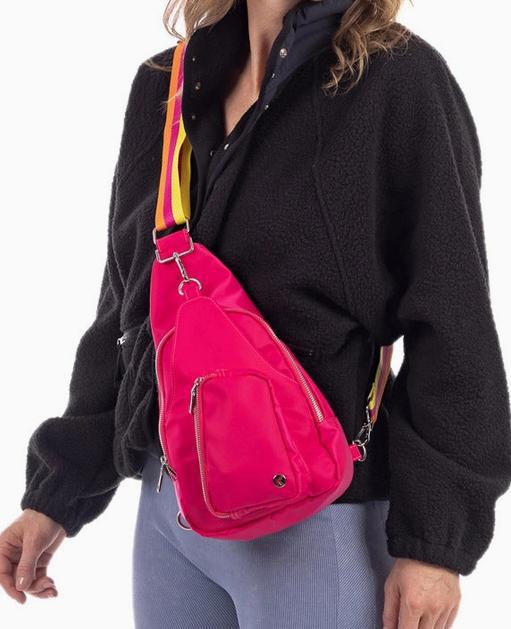 Hot Pink Solid Sling Bag with Striped Strap