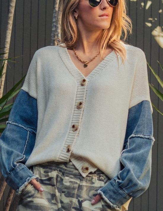 Mixed Media Flag Denim Sleeve Cardigan