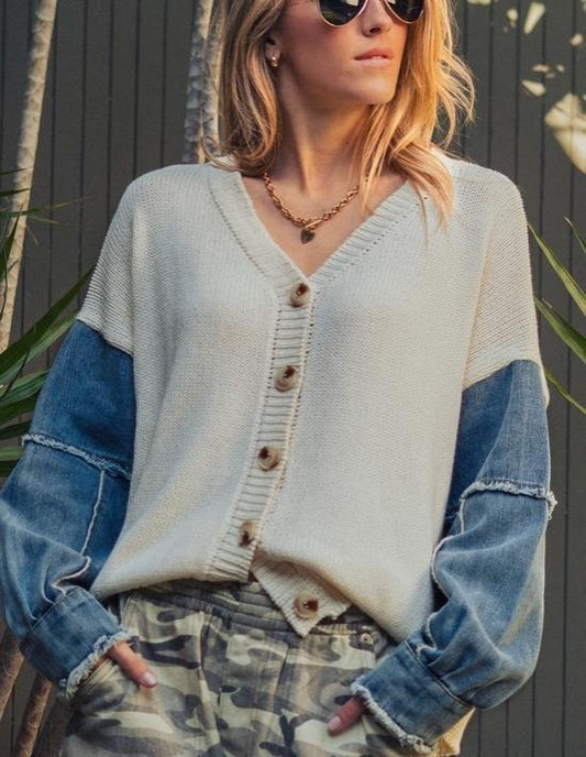 Mixed Media Flag Denim Sleeve Cardigan