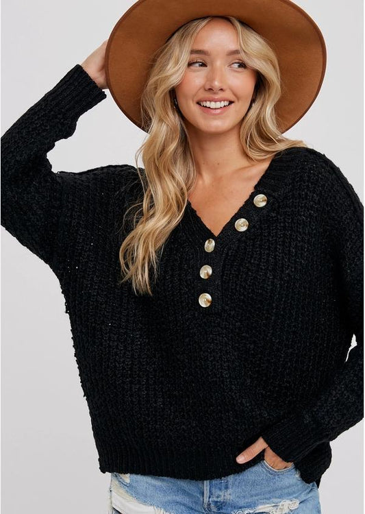 Thermal Henely Sweater Top (Black)