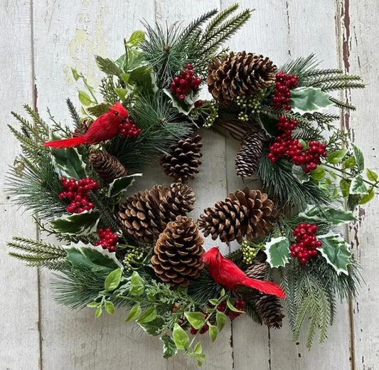 Red Berry Wreath with Red Cardinals, Pine Cones & Hollies