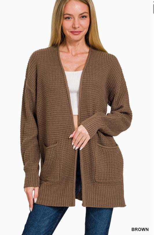Low Gauge Waffle Open Cardigan Sweater (Brown)