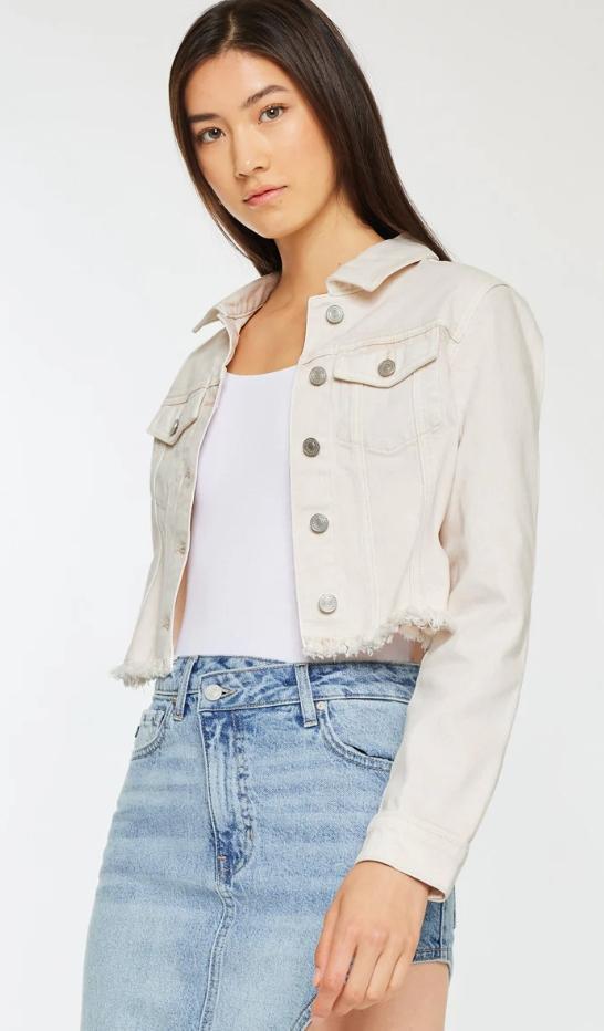 KanCan Ellie Cropped Denim Jacket – Ecru Frayed Hem Stretch