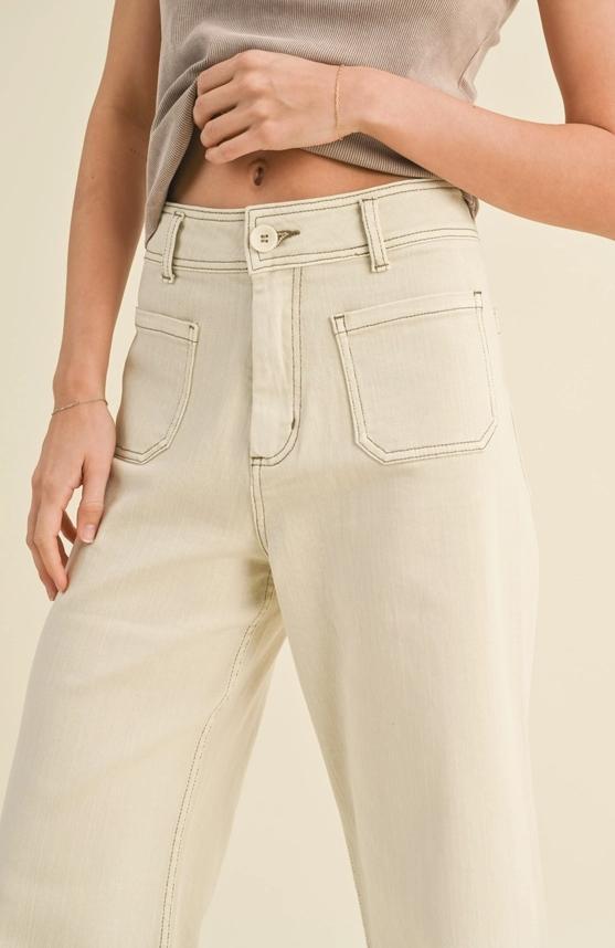 Straight Wide Leg Pants with Front Pocket (Washed Beige)