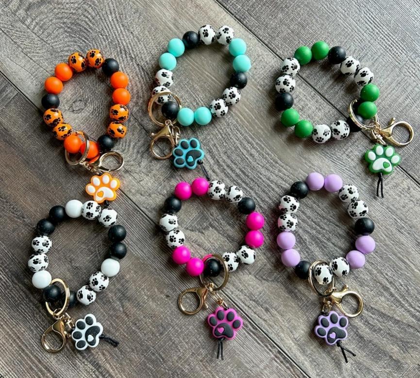 Paw Print Silicone and Wooden Bead Wristlet Keychain