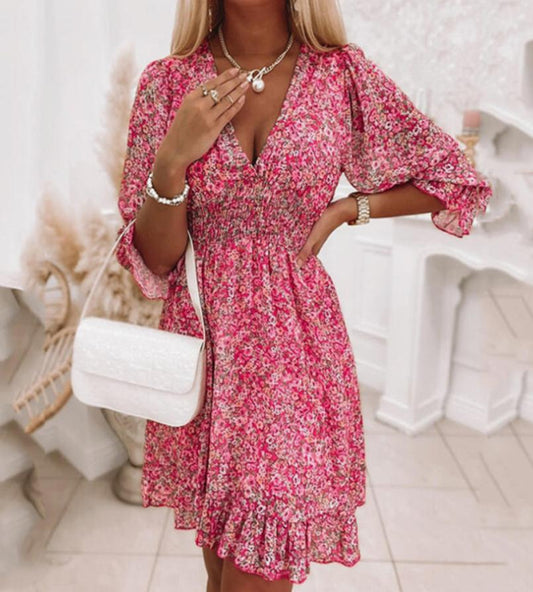 Boho Print Short Sleeve Floral Mid-Length Dress