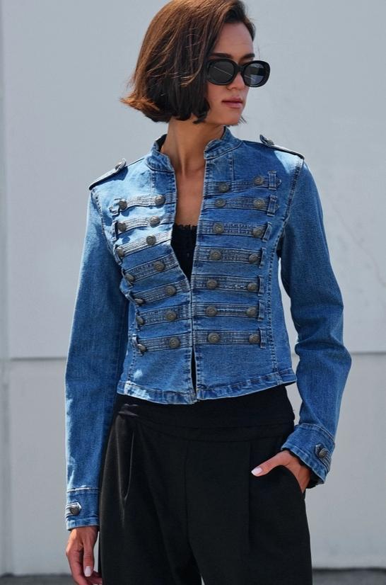 Military Double-Button Denim Jean Jacket (Blue)