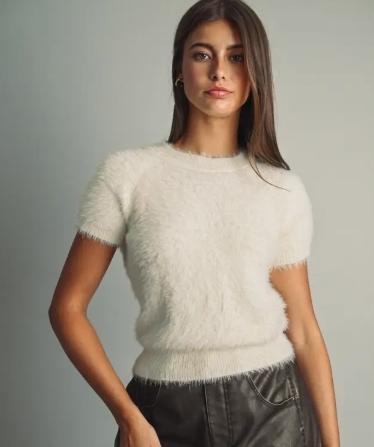 High-Pile Faux-Fur Half-Sleeve Sweater