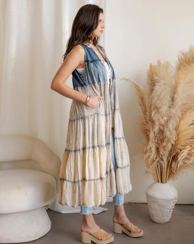 Boho Sleeveless Maxi Button-Front Duster with Hood (Latte)