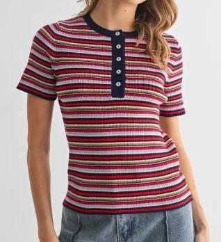Multi-Striped Button-Up Knit Top (Red/Blue)