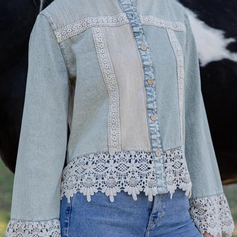 Boho Western Lace Trim Denim Button-Down Front Top (Latte)