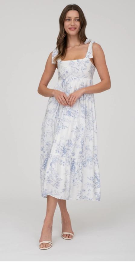Fruit Blossom Tiered Midi Dress (Blue)
