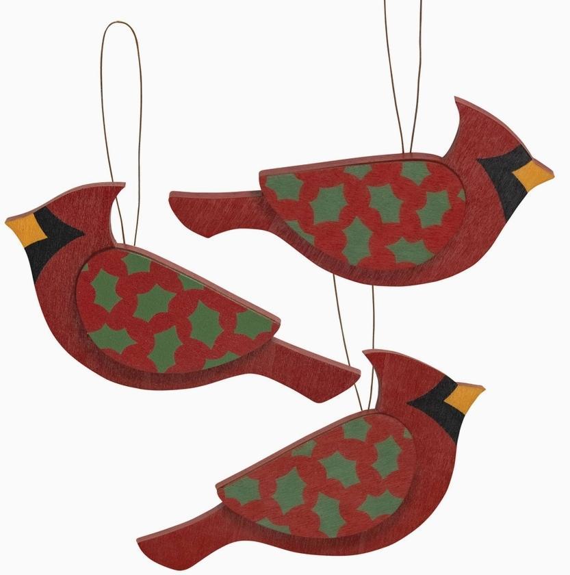 Wooden Holly Cardinal Ornament Assorted