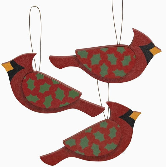 Wooden Holly Cardinal Ornament Assorted