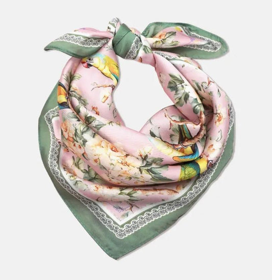 Floral Bird Print Silky Feel Bandana Scarf