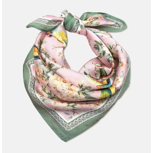 Floral Bird Print Silky Feel Bandana Scarf