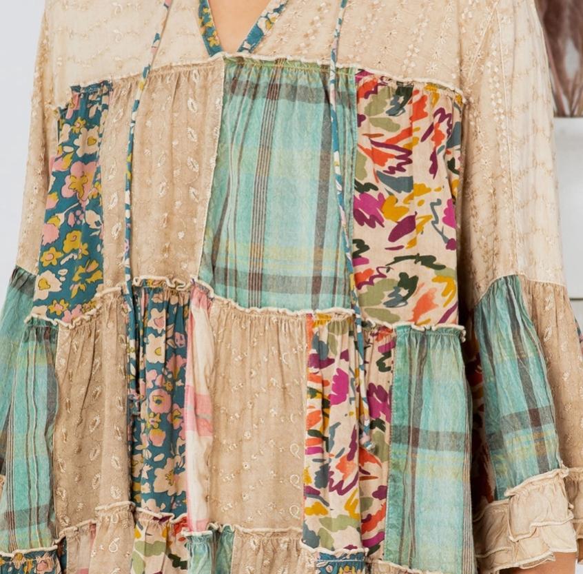 Boho Patchwork Tiered Tunic with Denim Yoke (Latte)