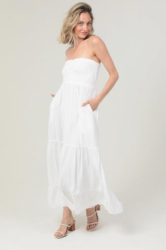 Smocked Sweetheart Bodice Strapless Maxi Dress (White)