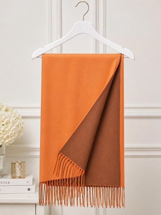 Reversible Cashmere Feel Shawl Wrap Two-Tone Fringe Scarf (Rust)