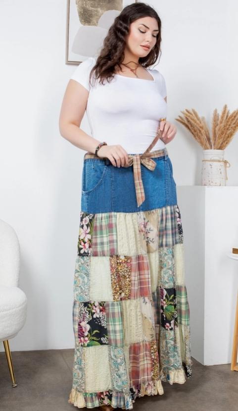 Patchwork Belted Skirt (Denim)