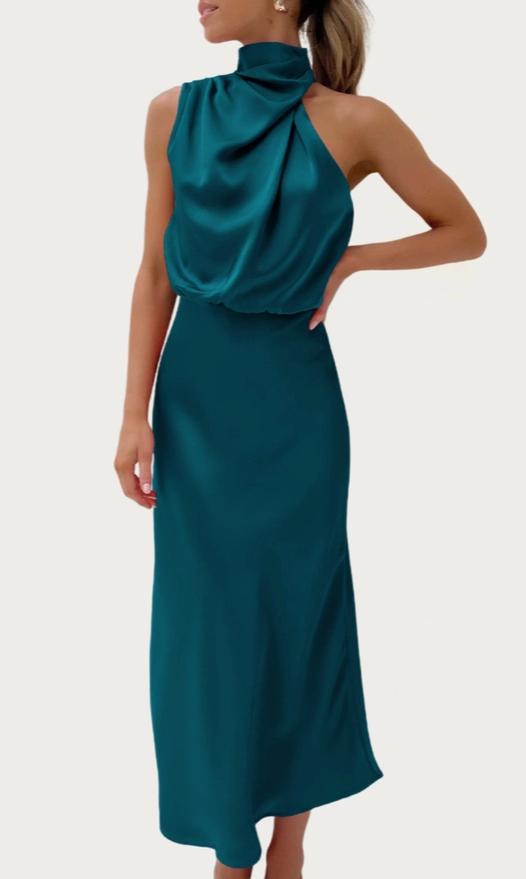 One-Shoulder Halter Formal Midi Dress (Peacock Blue)